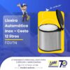 Lixeira Automática FGVTN Imagem promocional da Madeiras Lane apresentando uma Lixeira Automática de Inox com cesto de 12 litros da marca FGVTN, destacada em um fundo amarelo com a descrição 'de embutir'. Um personagem de desenho animado da Madeiras Lane aparece no canto superior esquerdo. O rodapé contém informações de contato e o logo da Madeiras Lane com o selo de 70 anos.