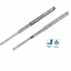 Corrediça Larga TEN Duas corrediças metálicas de gaveta de abertura total (100%), suportando até 30 kg por par, da marca TEN. A imagem exibe o produto Corrediça Larga TEN, uma ferragem essencial para gavetas de móveis, disponível na Madeiras Lane para marcenaria e projetos de mobiliário.