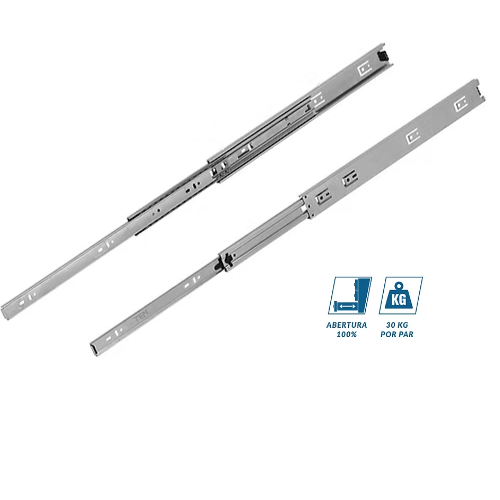 Duas corrediças metálicas de gaveta de abertura total (100%), suportando até 30 kg por par, da marca TEN. A imagem exibe o produto Corrediça Larga TEN, uma ferragem essencial para gavetas de móveis, disponível na Madeiras Lane para marcenaria e projetos de mobiliário.