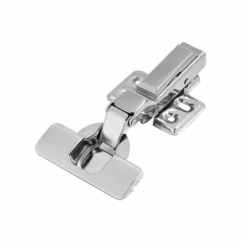 Dobradiça metálica Easy Click Slow Inox Calço Duplo da marca FGVTN, em acabamento cromado ou inox, aberta sobre um fundo branco. Esta ferragem, essencial para portas de armários e móveis, oferece sistema de fechamento suave (slowmotion) e é de fácil instalação, disponível na Madeiras Lane para marcenaria.